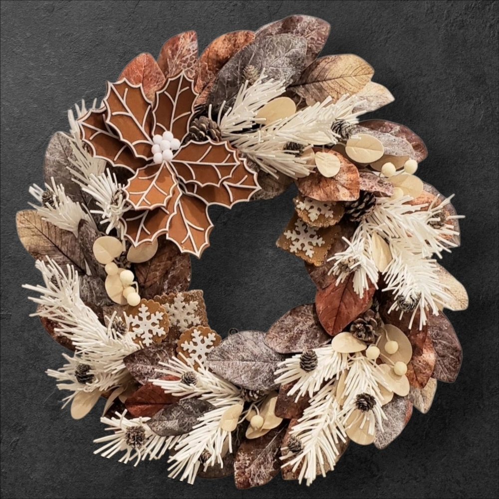 Neutral Gingerbread Door Wreath Pine Magnolia Leaves Berries Faux Cookies